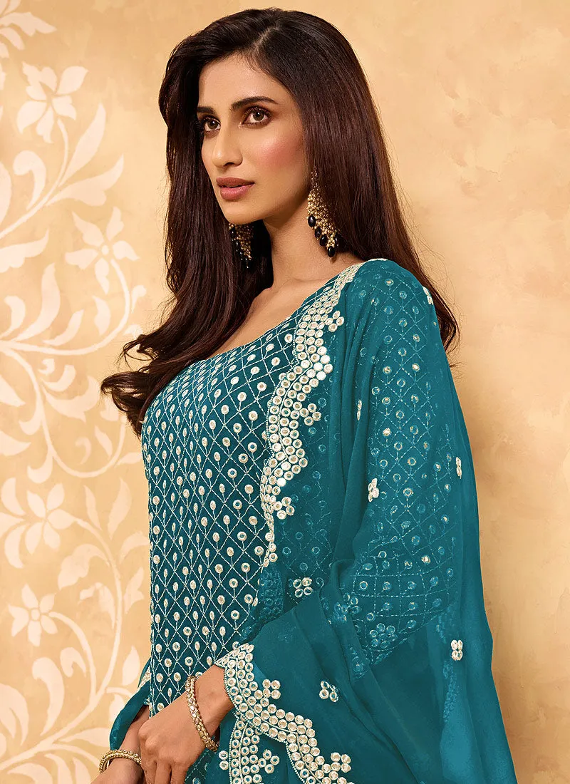 Aqua Blue Embroidered Georgette Sharara Suit