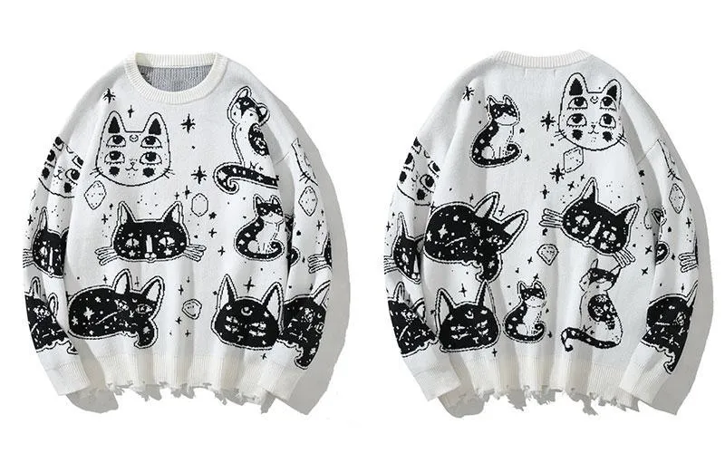 Black and White Cats Knitted Jumpers Casual Sweater Stars Kitten Fun Unique Geek Chic Warm Fun Weird Ugly Pullover