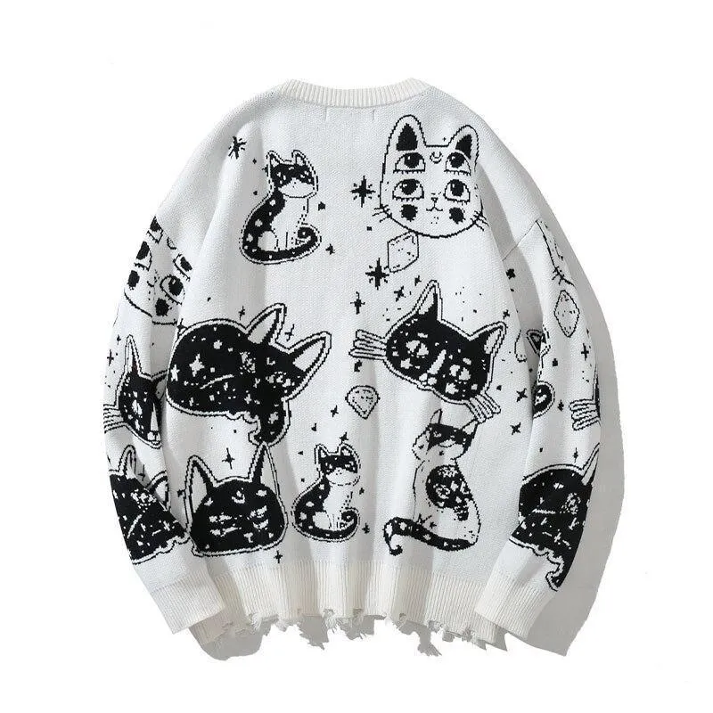 Black and White Cats Knitted Jumpers Casual Sweater Stars Kitten Fun Unique Geek Chic Warm Fun Weird Ugly Pullover