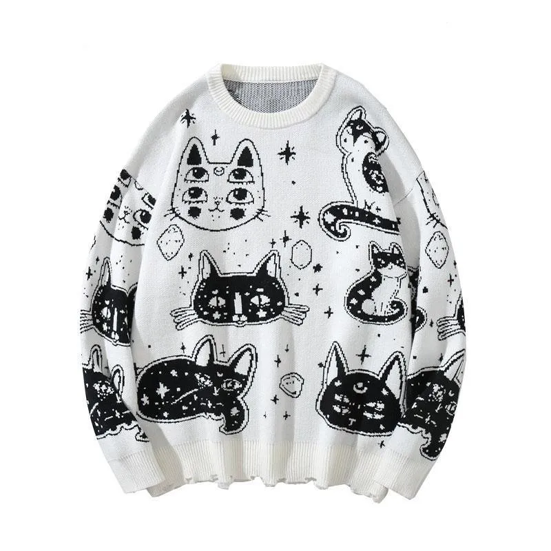 Black and White Cats Knitted Jumpers Casual Sweater Stars Kitten Fun Unique Geek Chic Warm Fun Weird Ugly Pullover