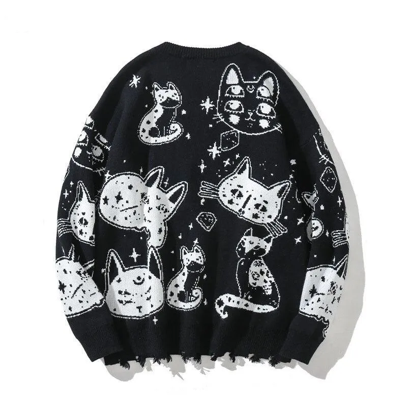 Black and White Cats Knitted Jumpers Casual Sweater Stars Kitten Fun Unique Geek Chic Warm Fun Weird Ugly Pullover