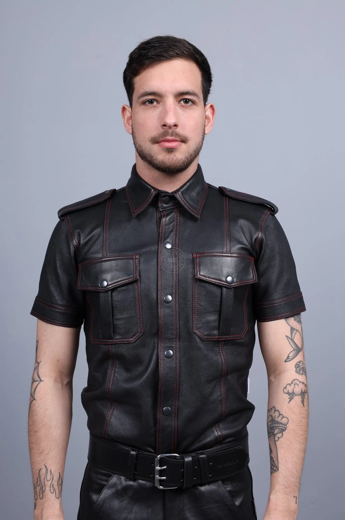 Black Leather Shirt - Red Stitching