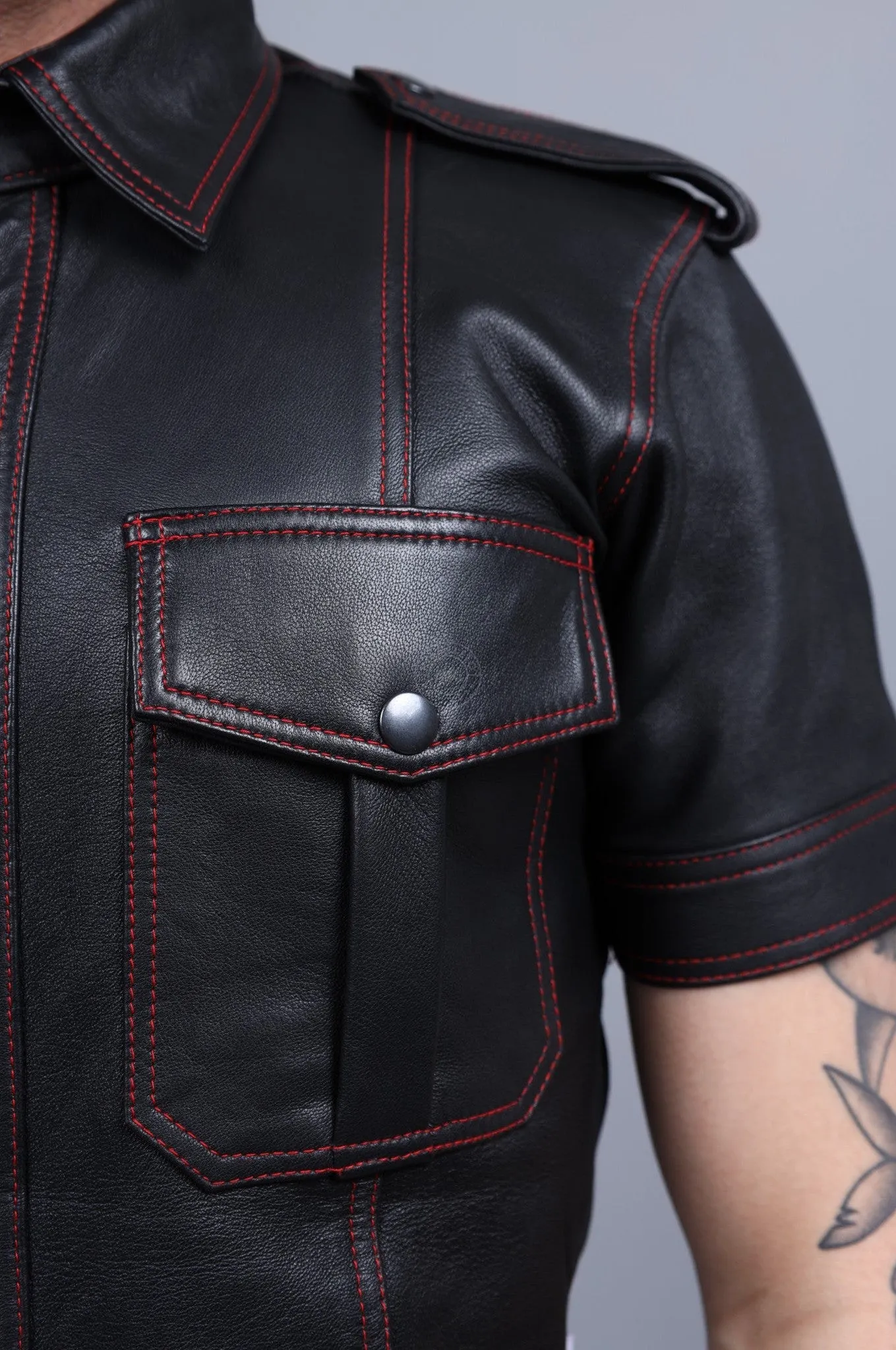 Black Leather Shirt - Red Stitching