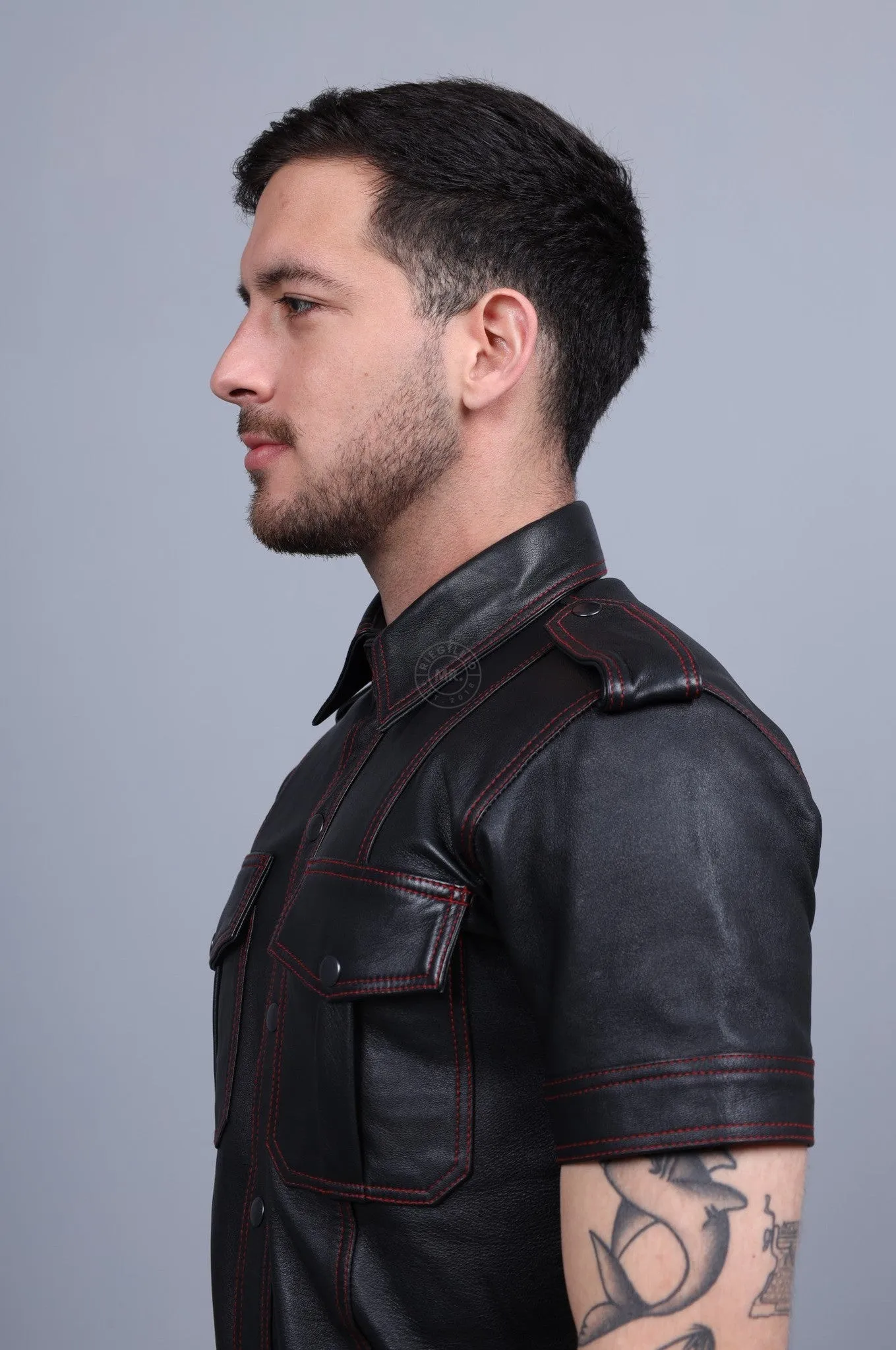 Black Leather Shirt - Red Stitching