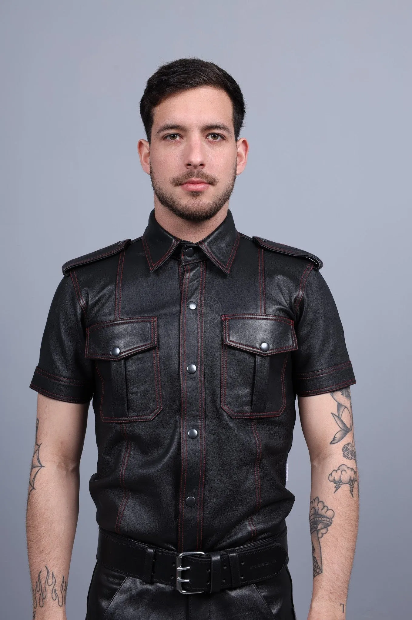 Black Leather Shirt - Red Stitching