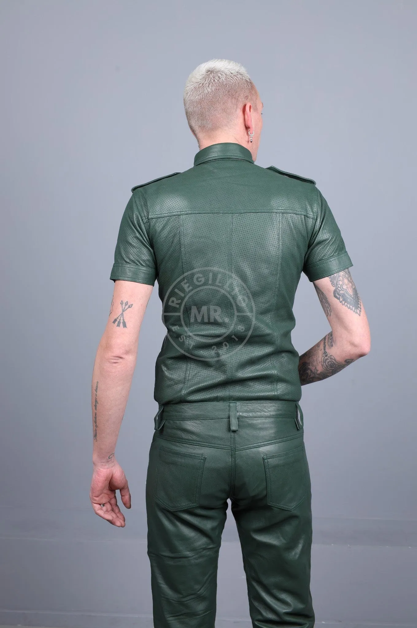 Dark Green Leather Perforated Shirt