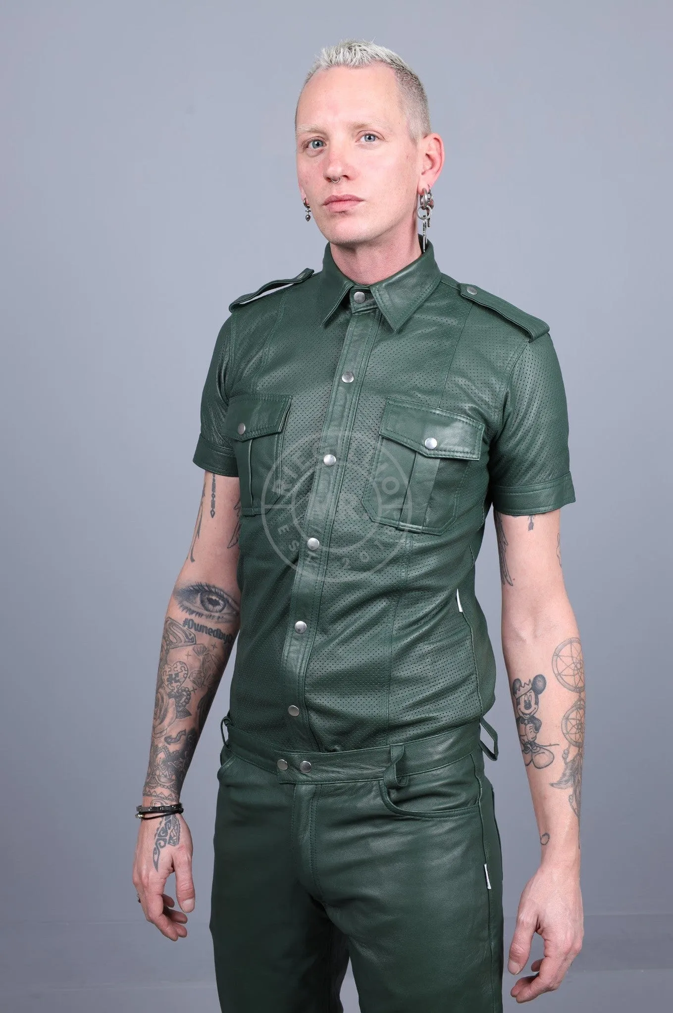 Dark Green Leather Perforated Shirt