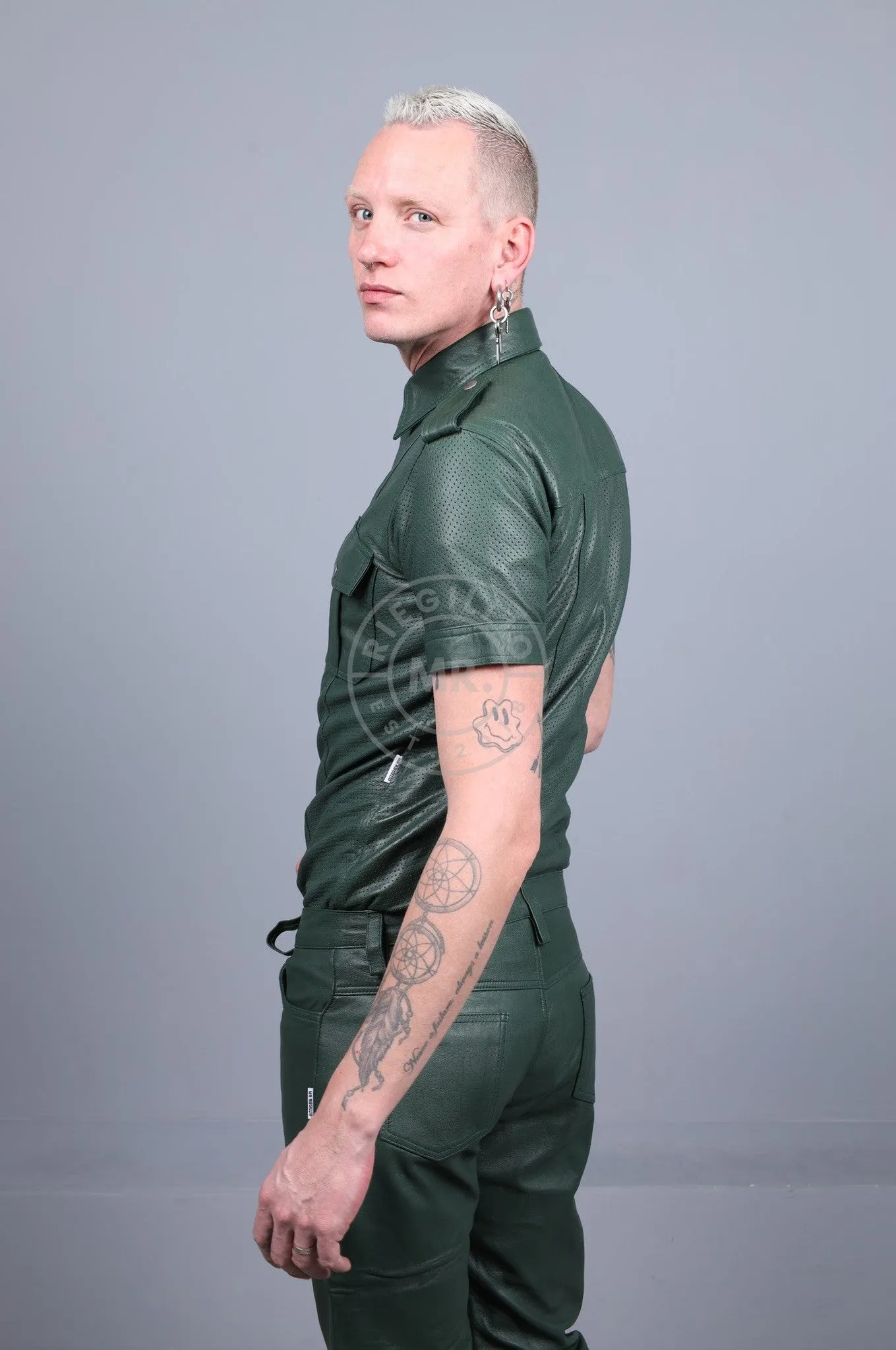 Dark Green Leather Perforated Shirt