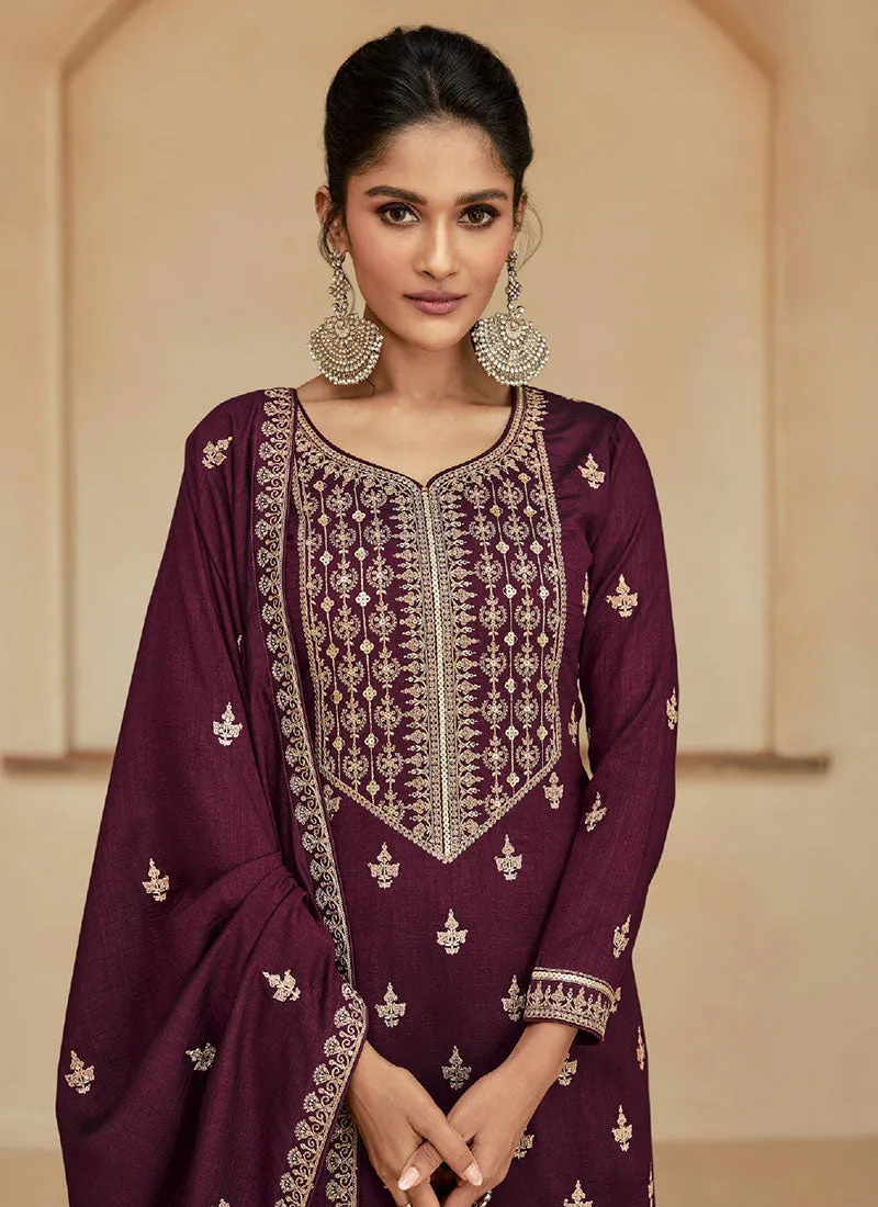 Deep Wine Multi Embroidery Wedding Sharara Suit