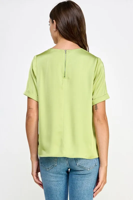 Dusty Citron Front Pocket Short Sleeve Satin Tee Top