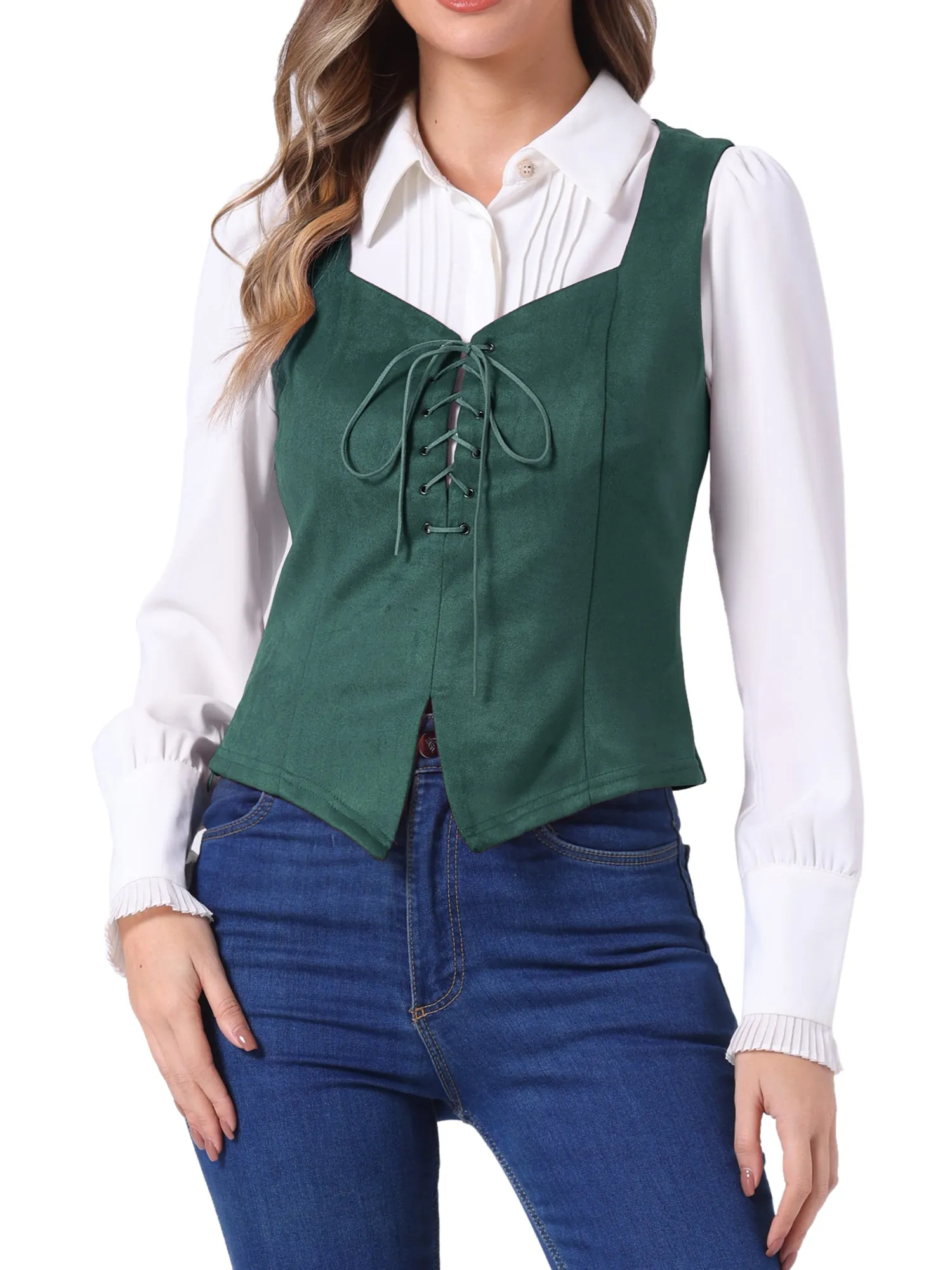 Faux Suede Sweetheart Neck Sleeveless Lace Up Waistcoat Jacket Vest