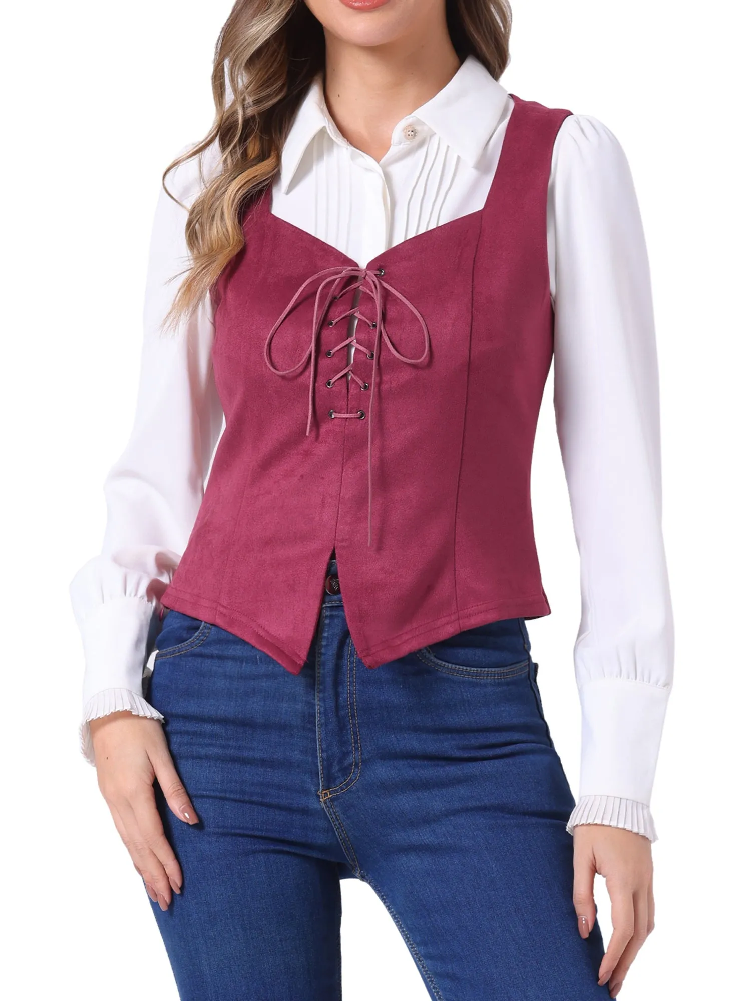 Faux Suede Sweetheart Neck Sleeveless Lace Up Waistcoat Jacket Vest