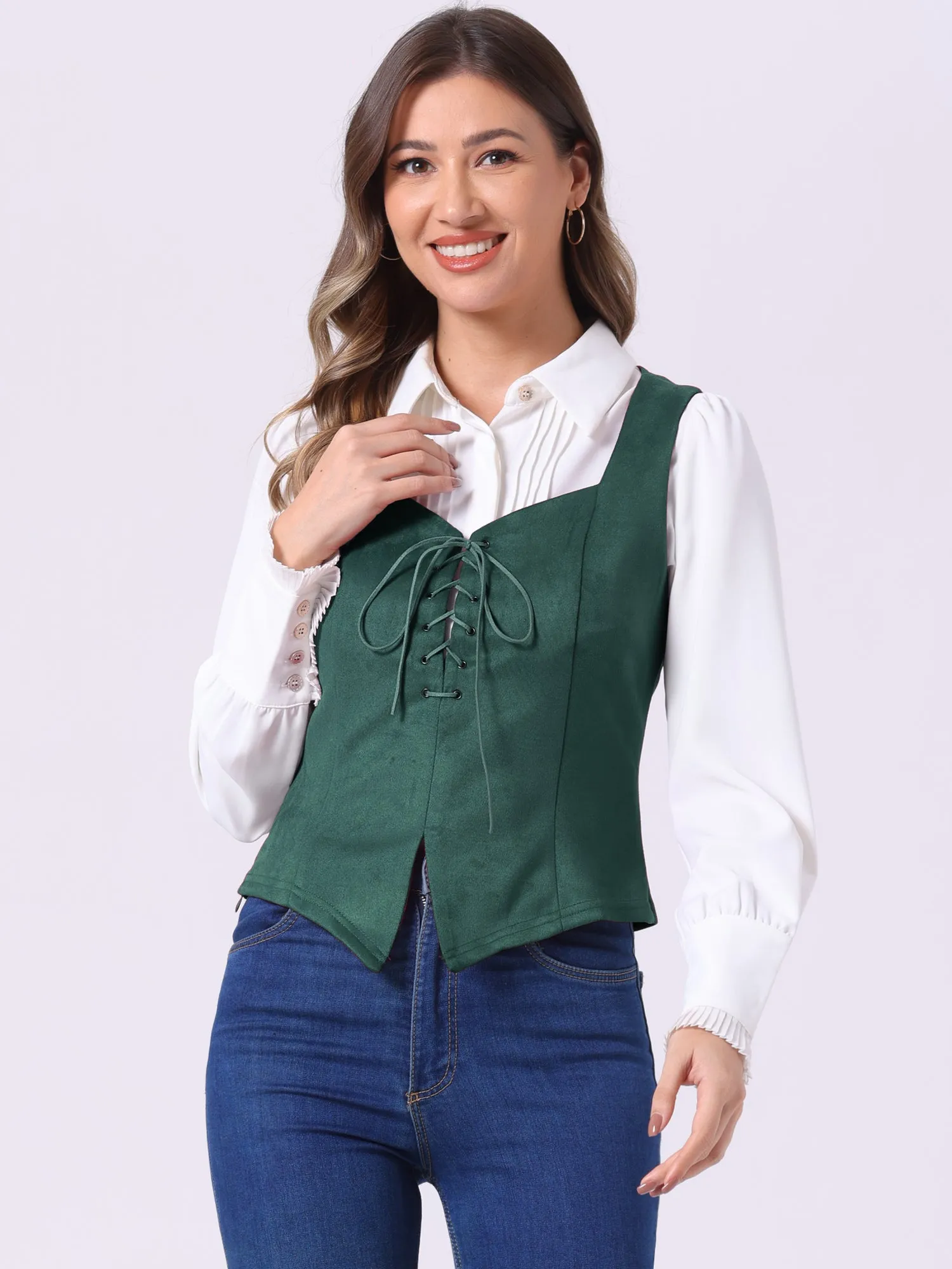 Faux Suede Sweetheart Neck Sleeveless Lace Up Waistcoat Jacket Vest