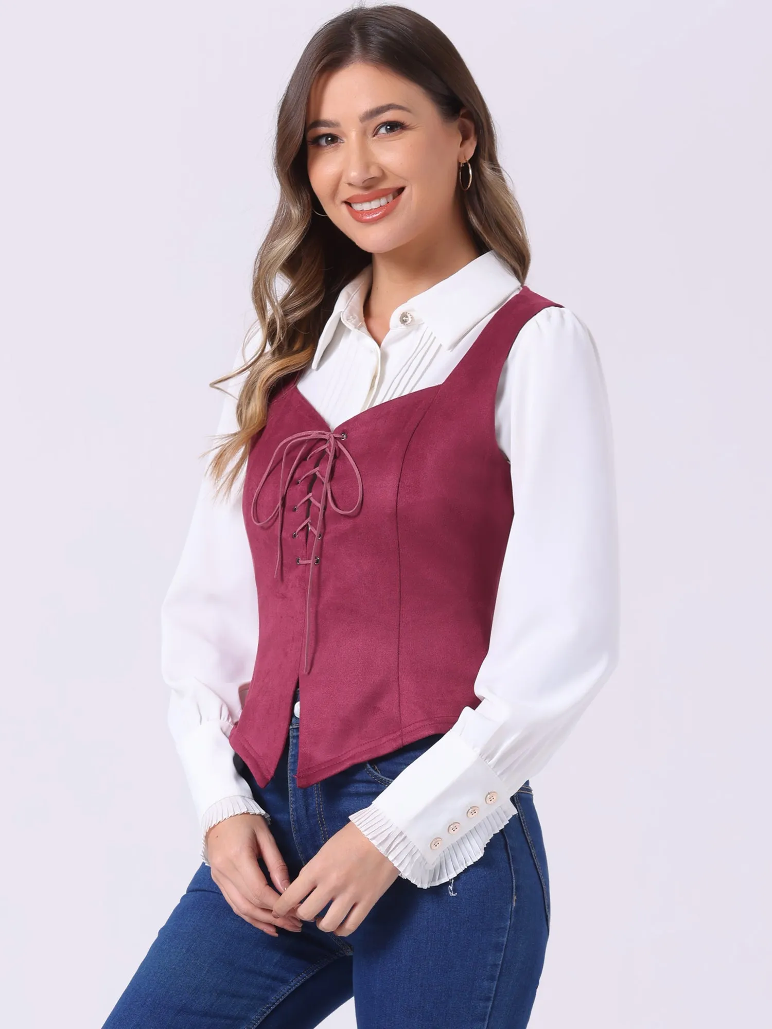 Faux Suede Sweetheart Neck Sleeveless Lace Up Waistcoat Jacket Vest