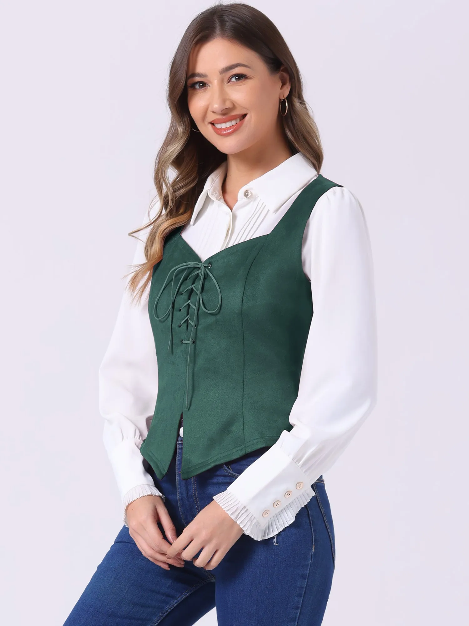 Faux Suede Sweetheart Neck Sleeveless Lace Up Waistcoat Jacket Vest