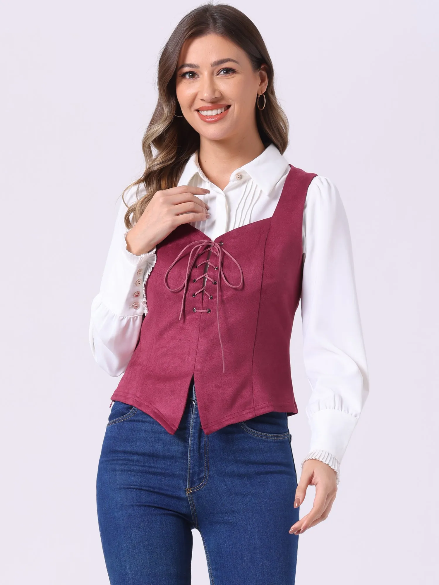 Faux Suede Sweetheart Neck Sleeveless Lace Up Waistcoat Jacket Vest