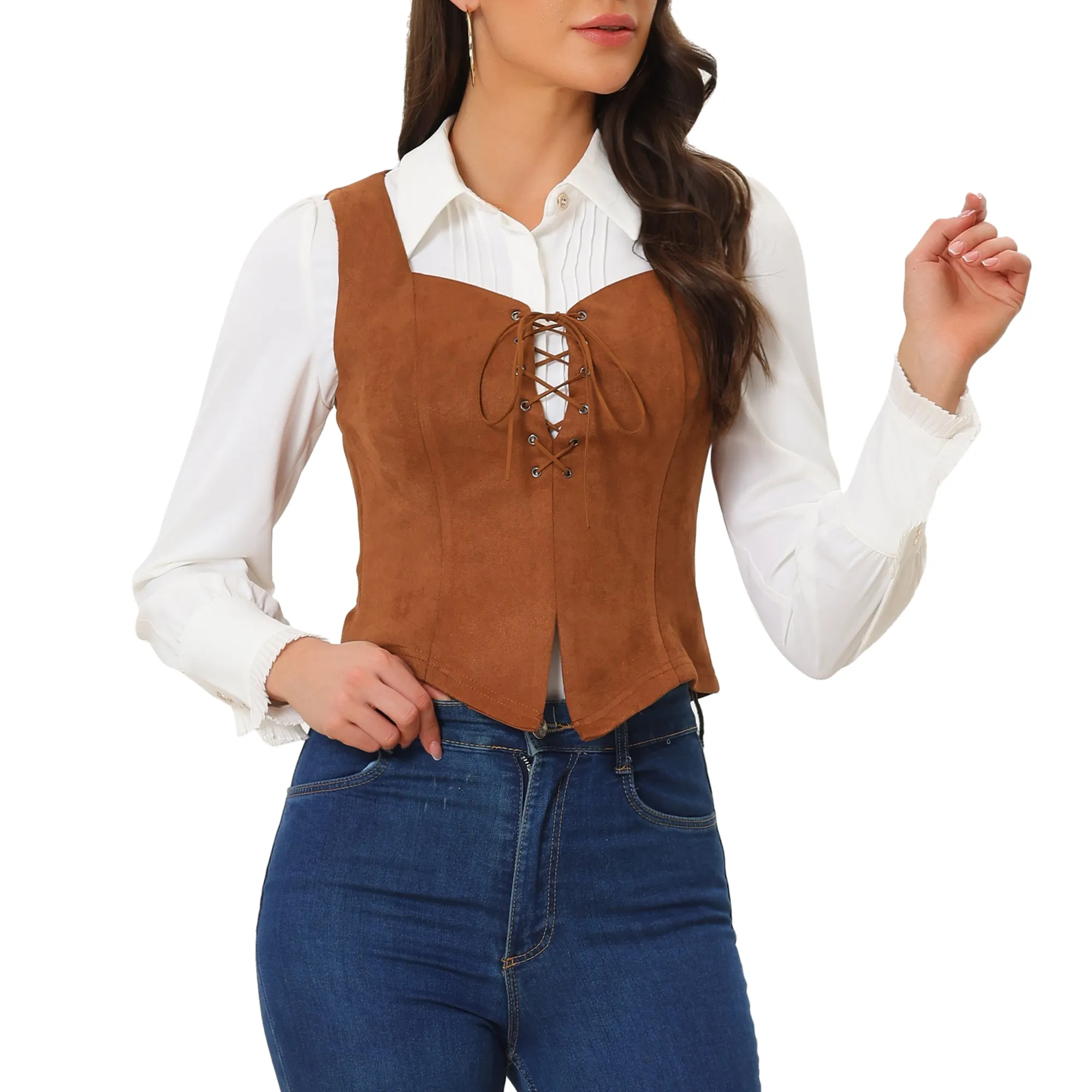 Faux Suede Sweetheart Neck Sleeveless Lace Up Waistcoat Jacket Vest