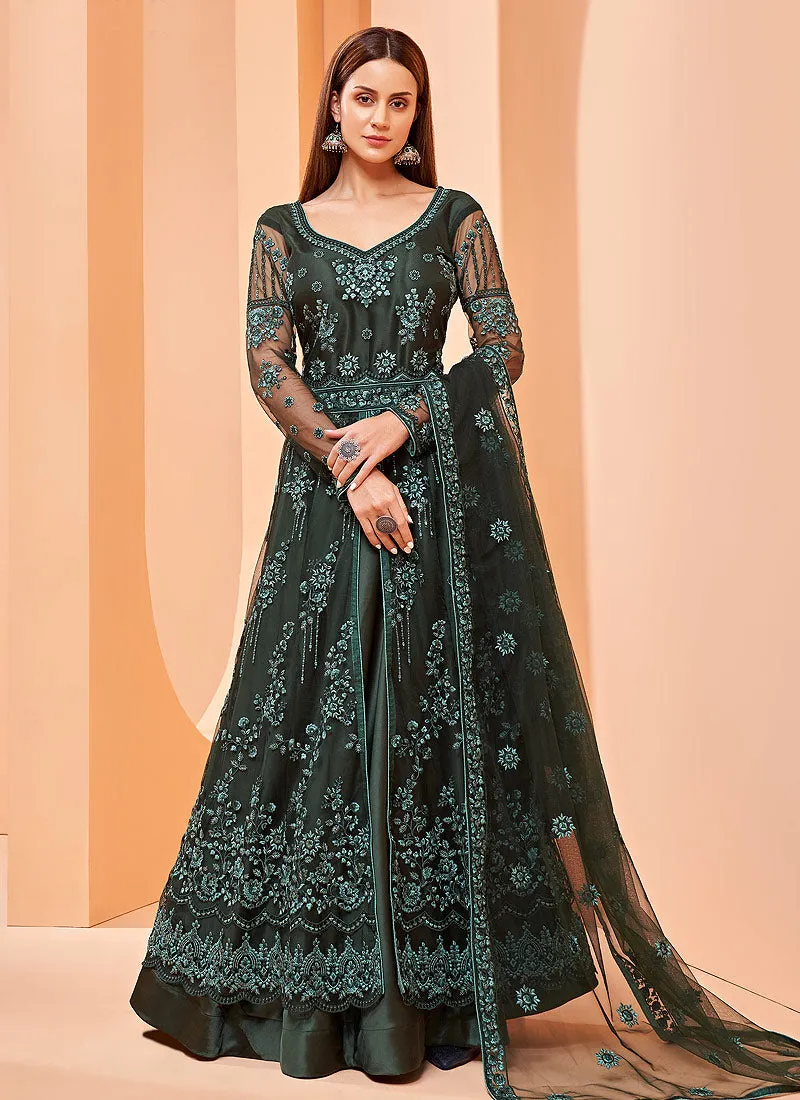 Green Designer Embroidered Slit Style Anarkali