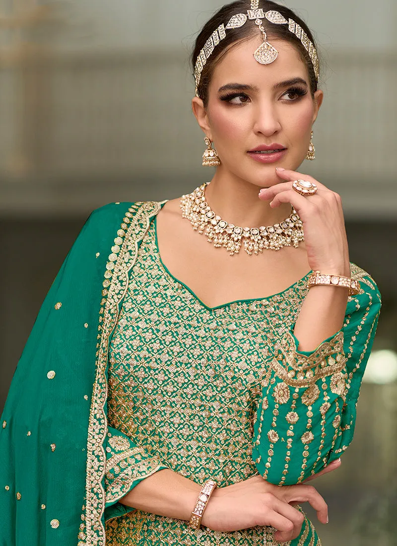 Green Traditional Sequence Embroidery Festive Palazzo Suit