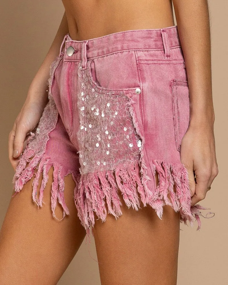 High-Waisted Sequined Fringed Shorts Women