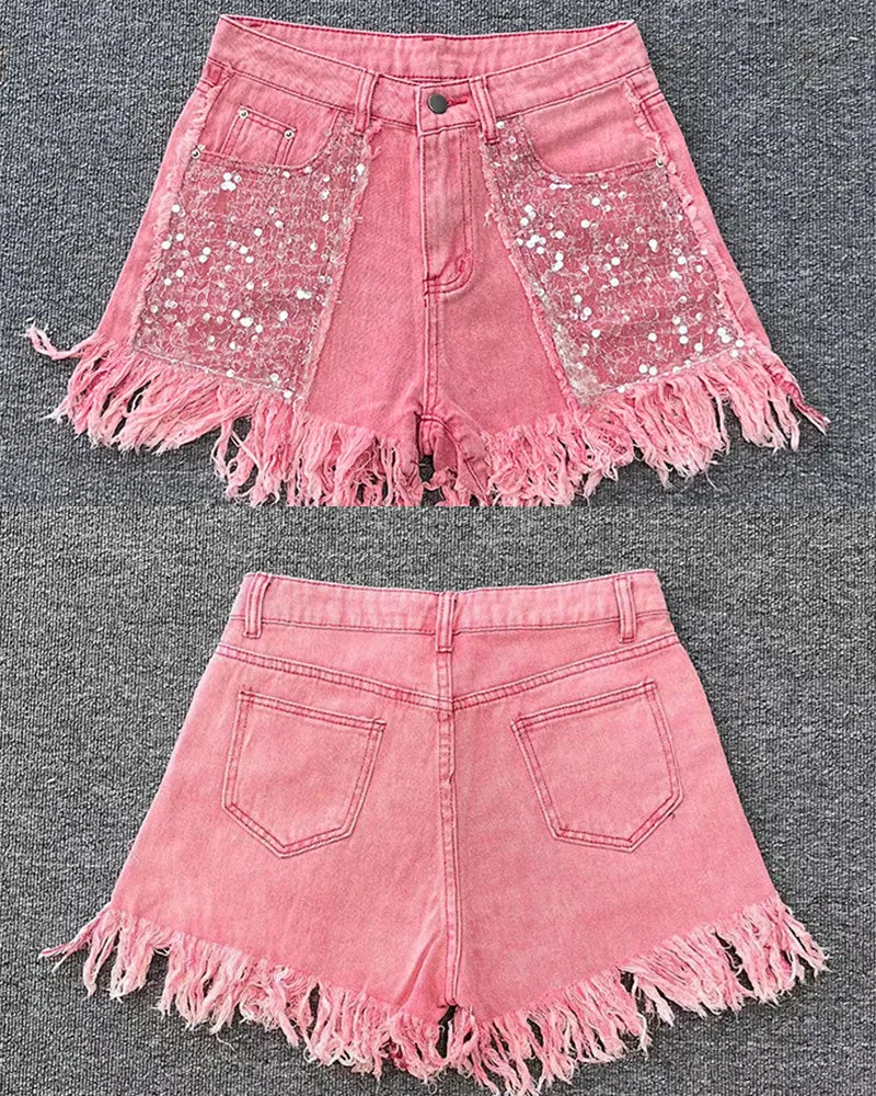 High-Waisted Sequined Fringed Shorts Women