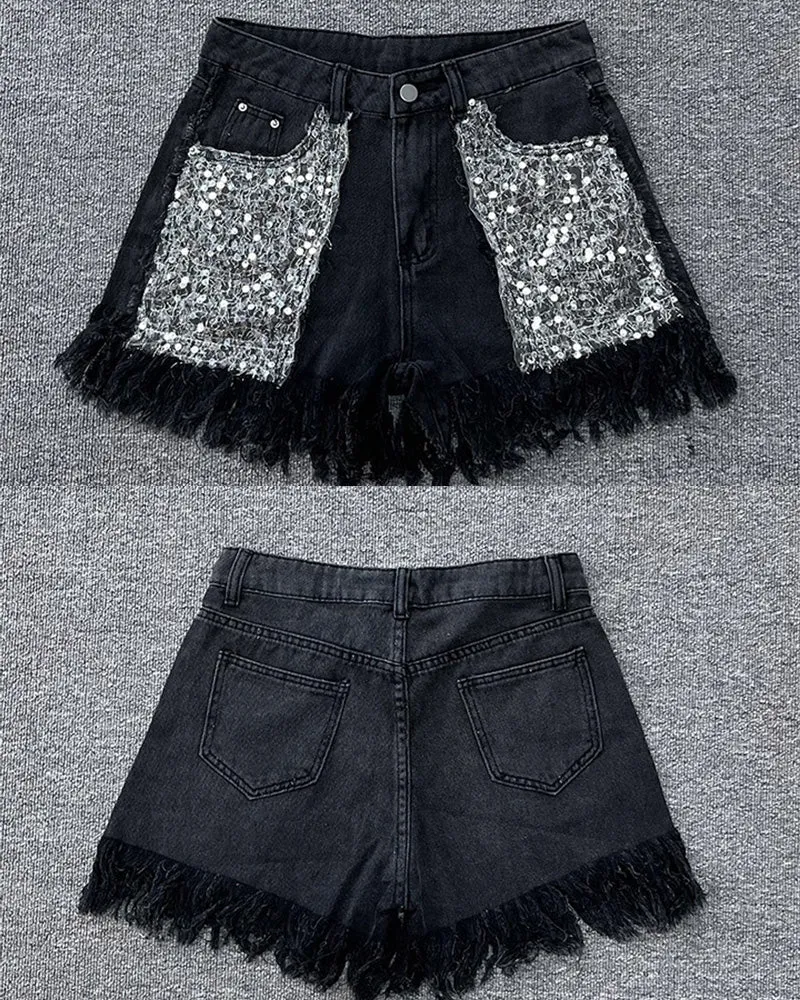 High-Waisted Sequined Fringed Shorts Women