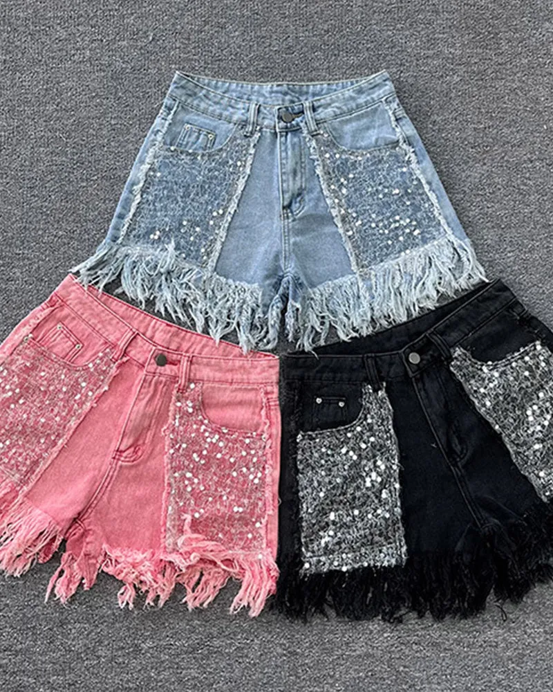 High-Waisted Sequined Fringed Shorts Women