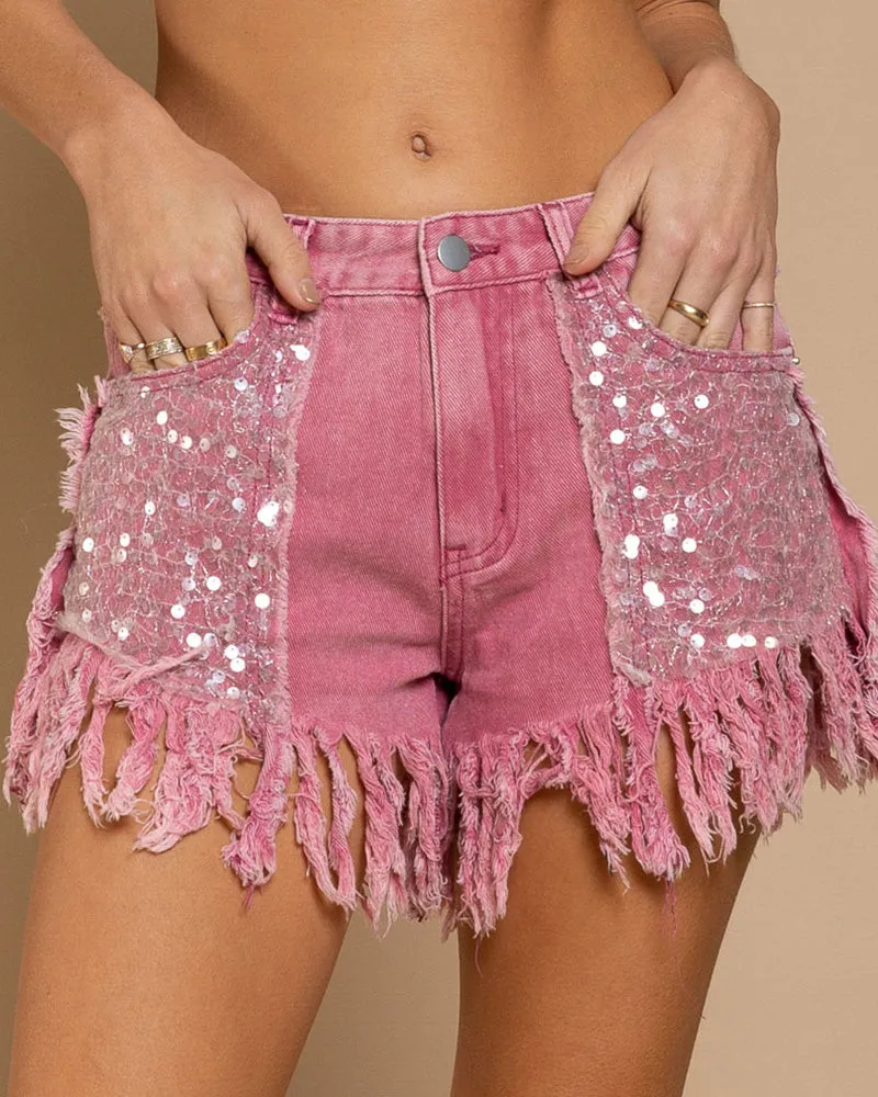 High-Waisted Sequined Fringed Shorts Women