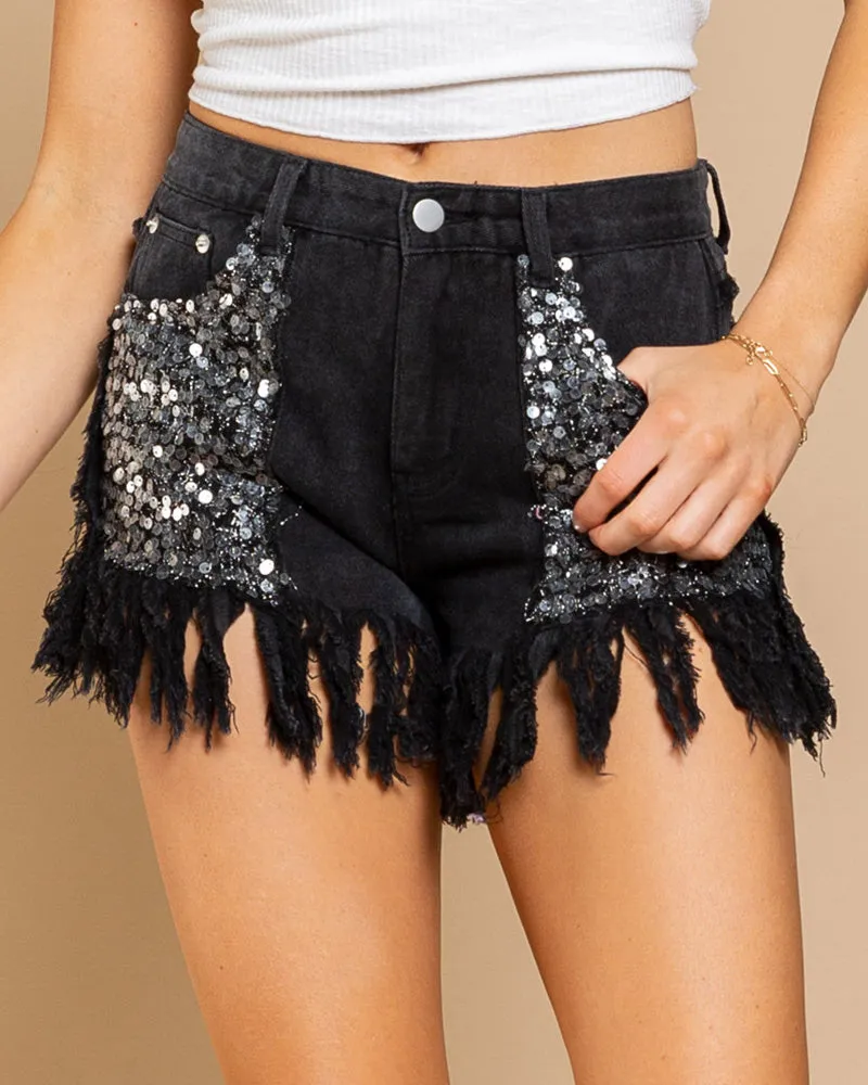 High-Waisted Sequined Fringed Shorts Women