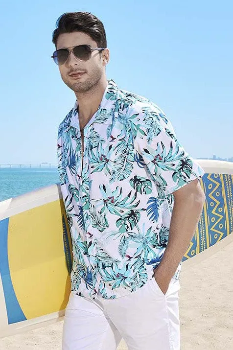 Light Blue Mens Hawaiian Casual Button Down Floral Shirt