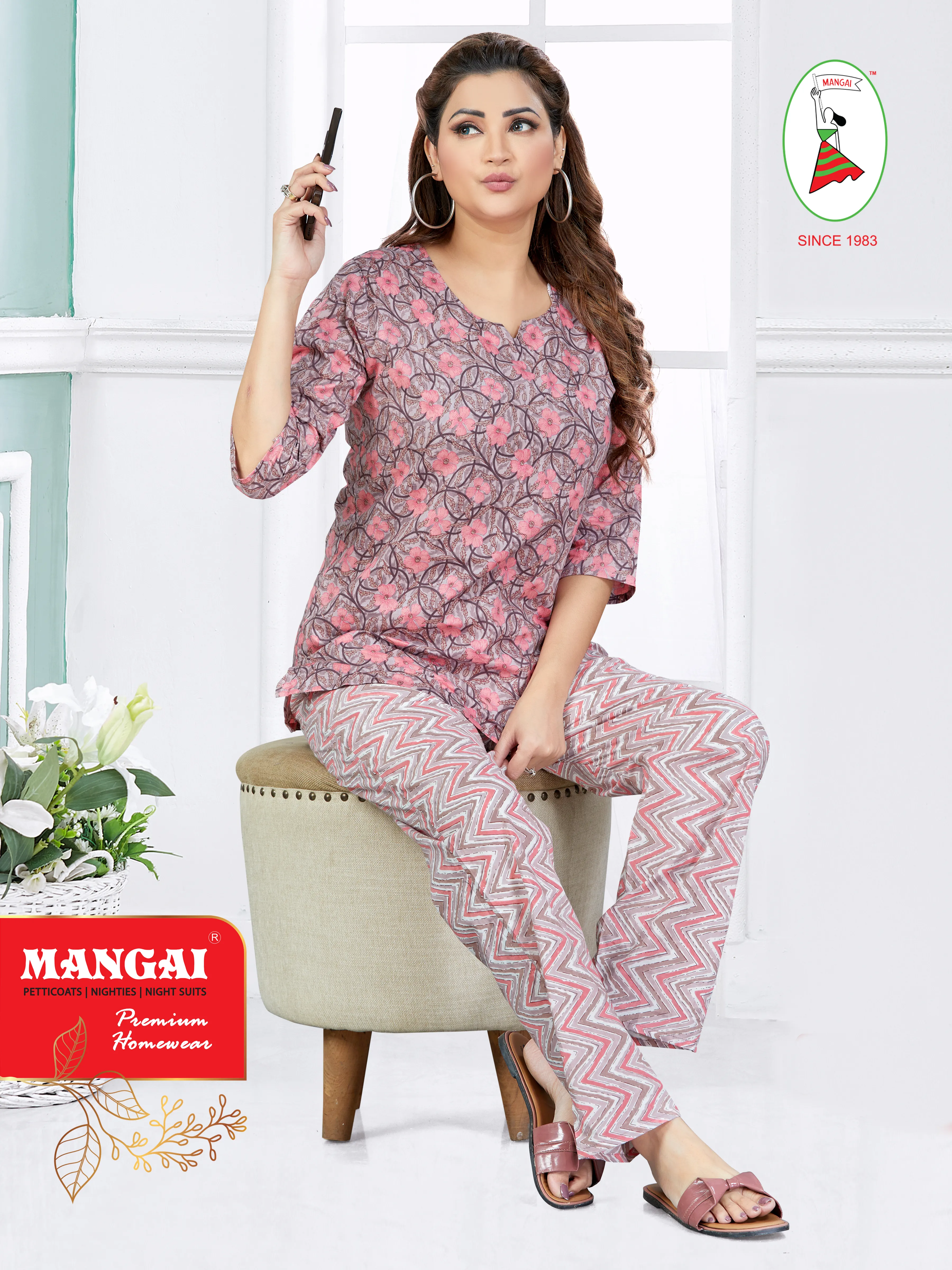 MANGAI Premium Cotton Printed Cambric Night Suits | Stylish Print's All Over | Top & Bottom Set | 3/4 Sleeve | Trendy Night Suits for Stylish Women's (CMNS)