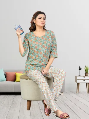 MANGAI Premium Cotton Printed Cambric Night Suits | Stylish Print's All Over | Top & Bottom Set | 3/4 Sleeve | Trendy Night Suits for Stylish Women's (CMNS)