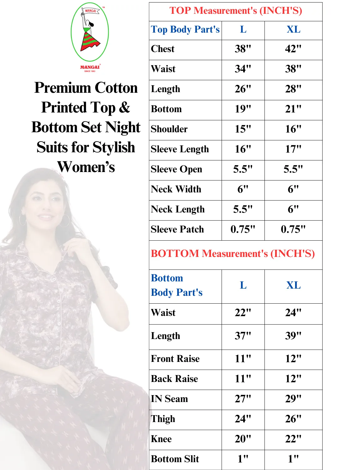 MANGAI Premium Cotton Printed Cambric Night Suits | Stylish Print's All Over | Top & Bottom Set | 3/4 Sleeve | Trendy Night Suits for Stylish Women's (CMNS)