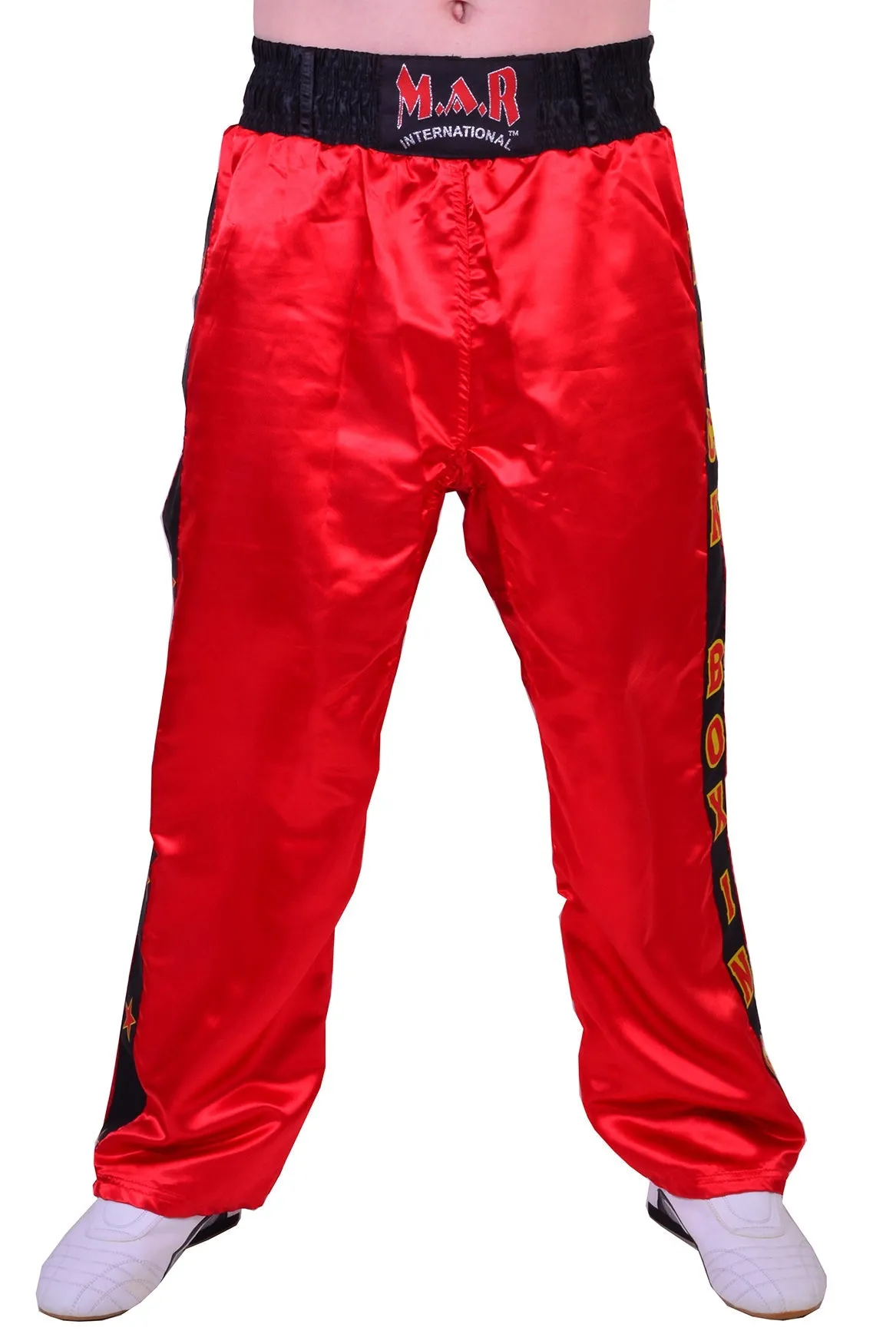 MAR-087A | Red & Black Kickboxing Trousers w/ Embroidered Writing