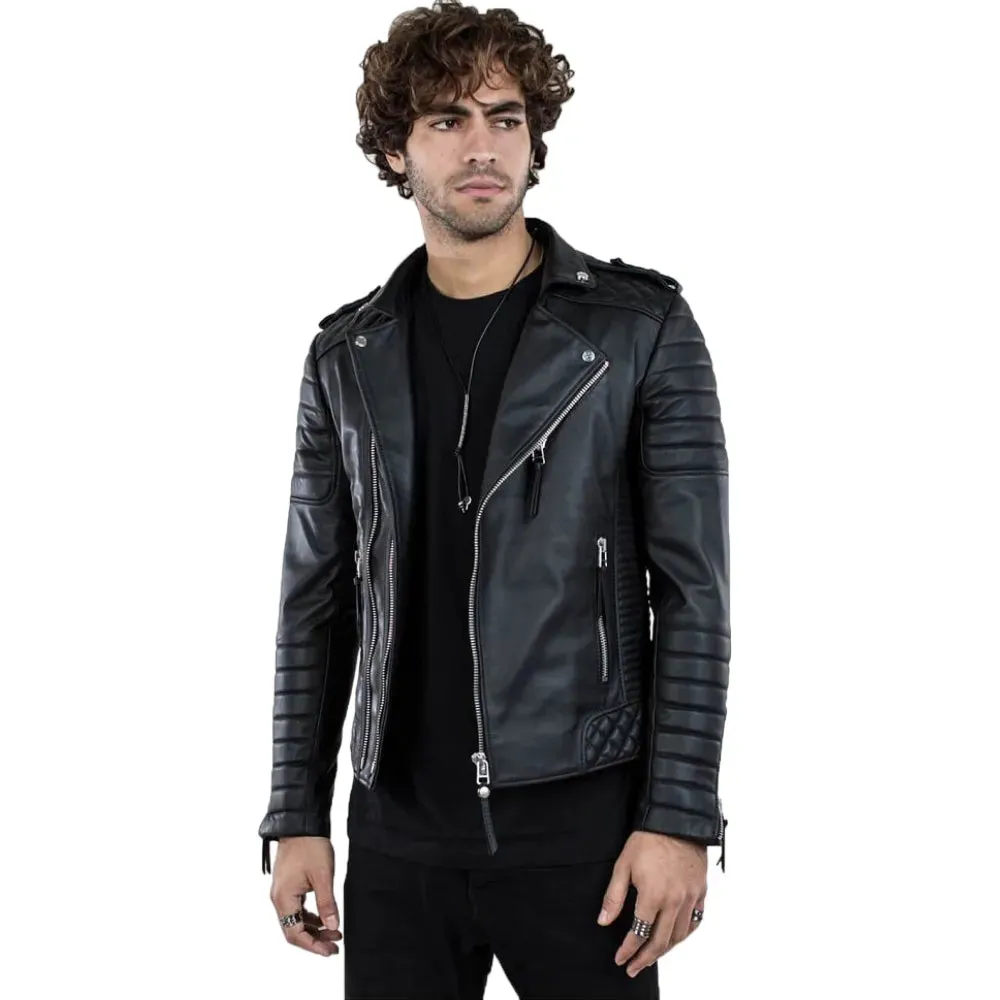 Mens Black Real Lambskin Leather Biker Jacket