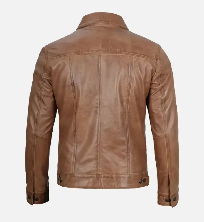 Men's Camel Brown Trucker Leather Jacket