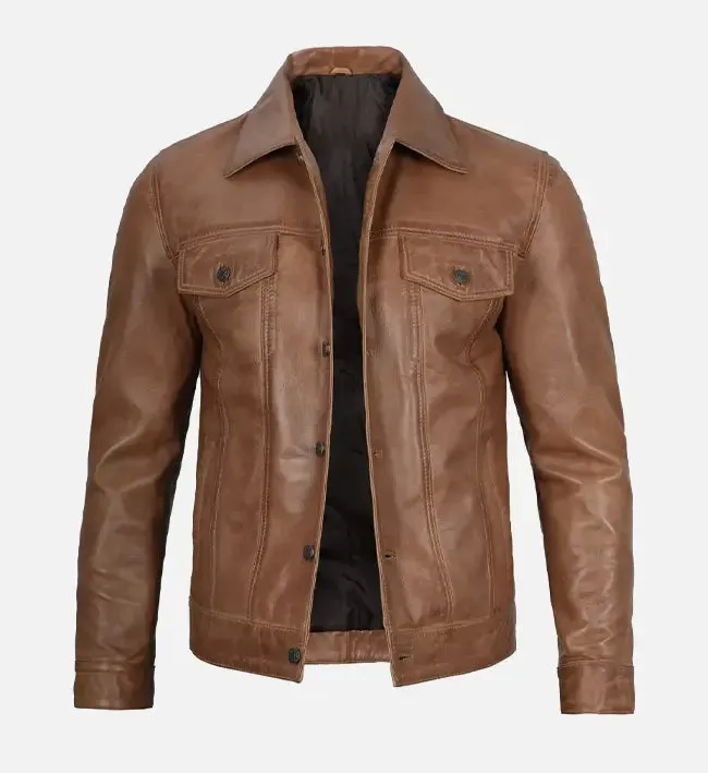 Men's Camel Brown Trucker Leather Jacket