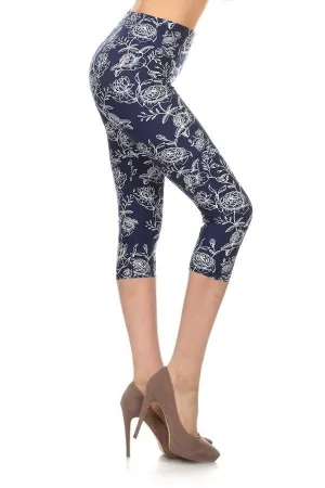 Multi-color Print, Cropped Capri Leggings In A Fitted Style With A Banded High Waist.