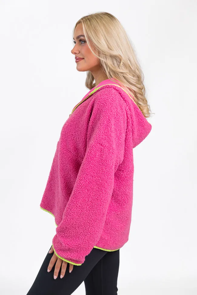 My Go To Pink and Green Sherpa Quarter Zip Hooded Pullover FINAL SALE