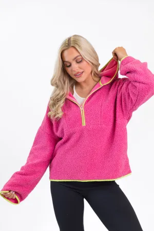 My Go To Pink and Green Sherpa Quarter Zip Hooded Pullover FINAL SALE