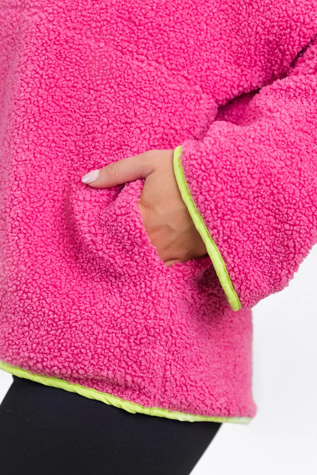 My Go To Pink and Green Sherpa Quarter Zip Hooded Pullover FINAL SALE