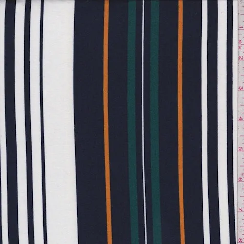 Navy/White/Spruce Stripe Double Brushed Jersey Knit Fabric