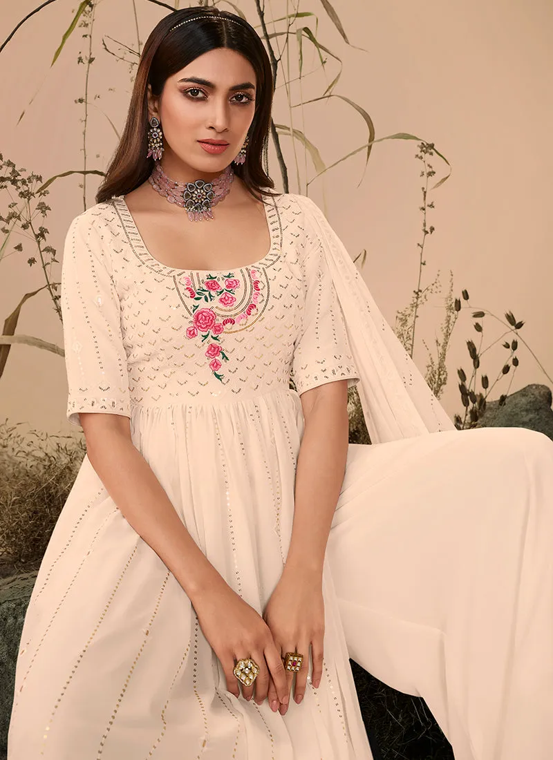 Off White Sequence Embroidered Festive Palazzo Suit