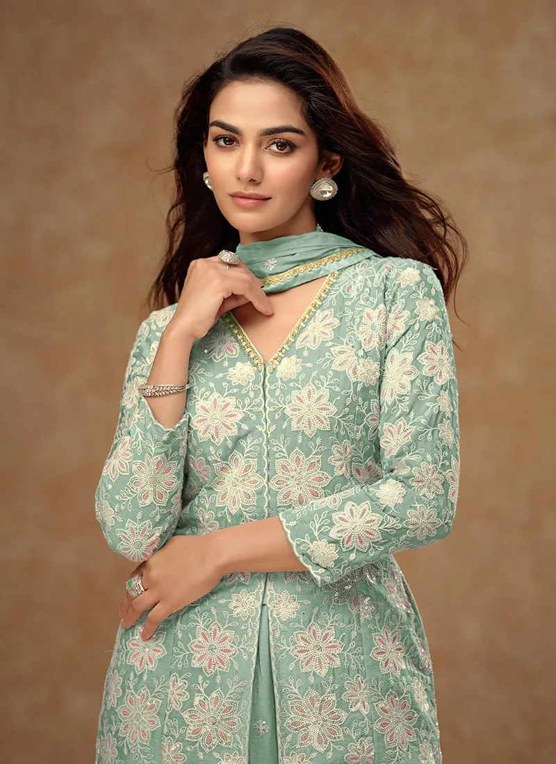 Pastel Blue Embroidered Koti Style Kurti And Palazzo Suit