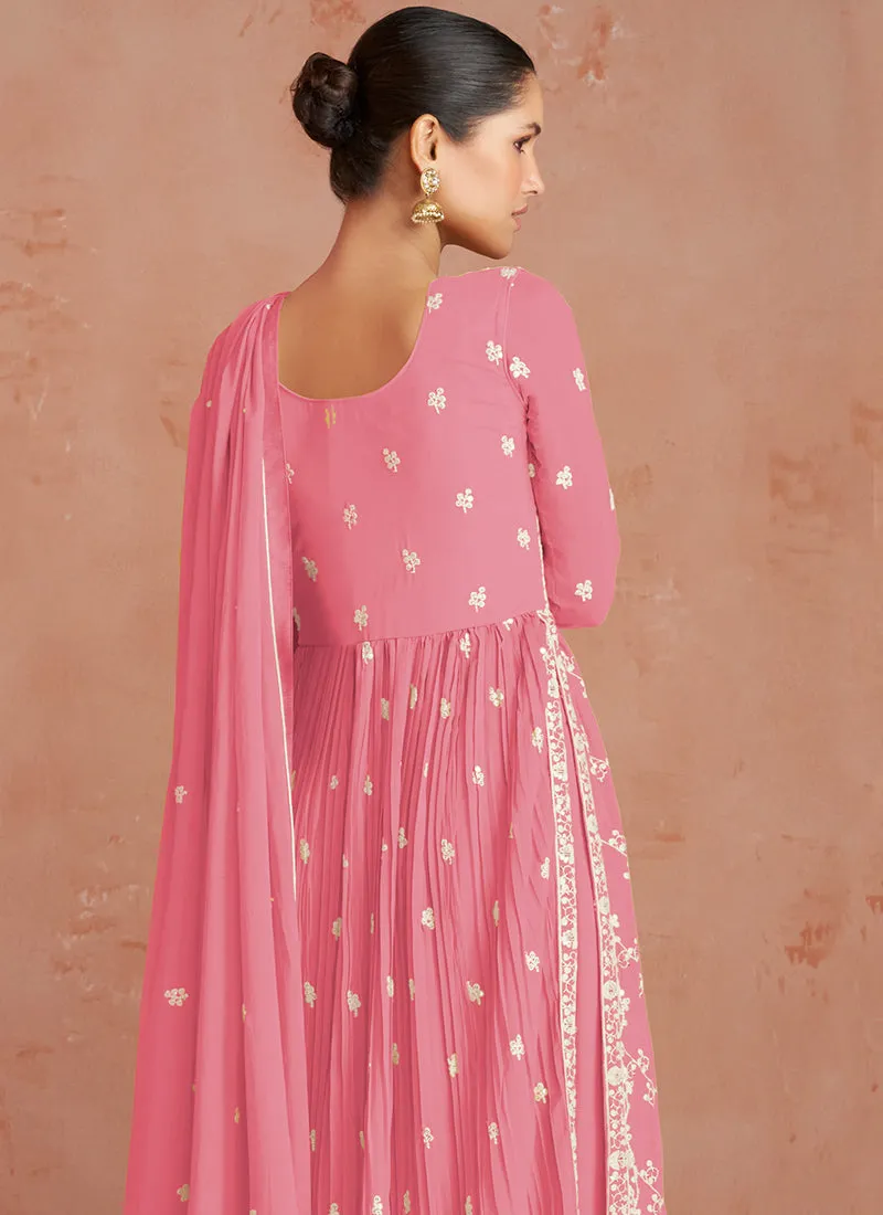 Pink Georgette Thread Embroidered Palazzo Suit