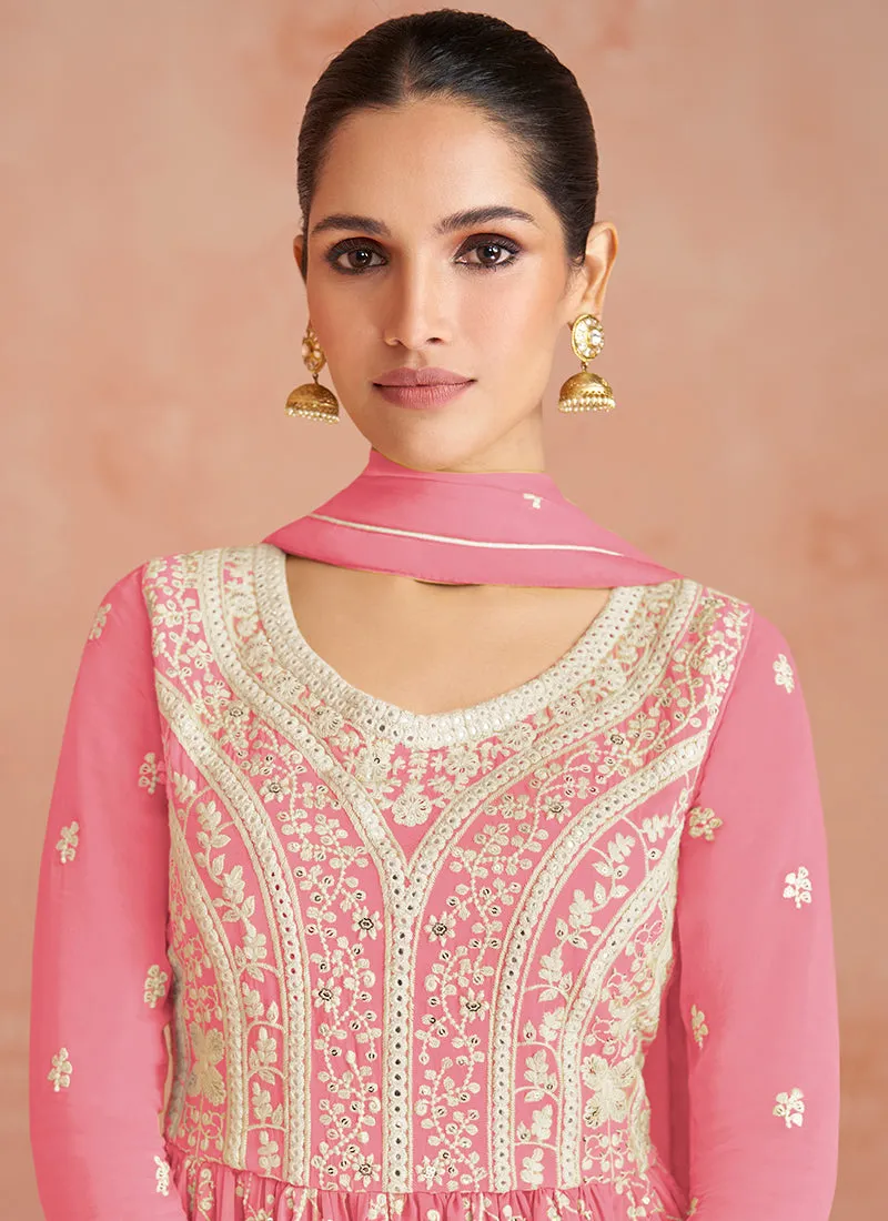 Pink Georgette Thread Embroidered Palazzo Suit