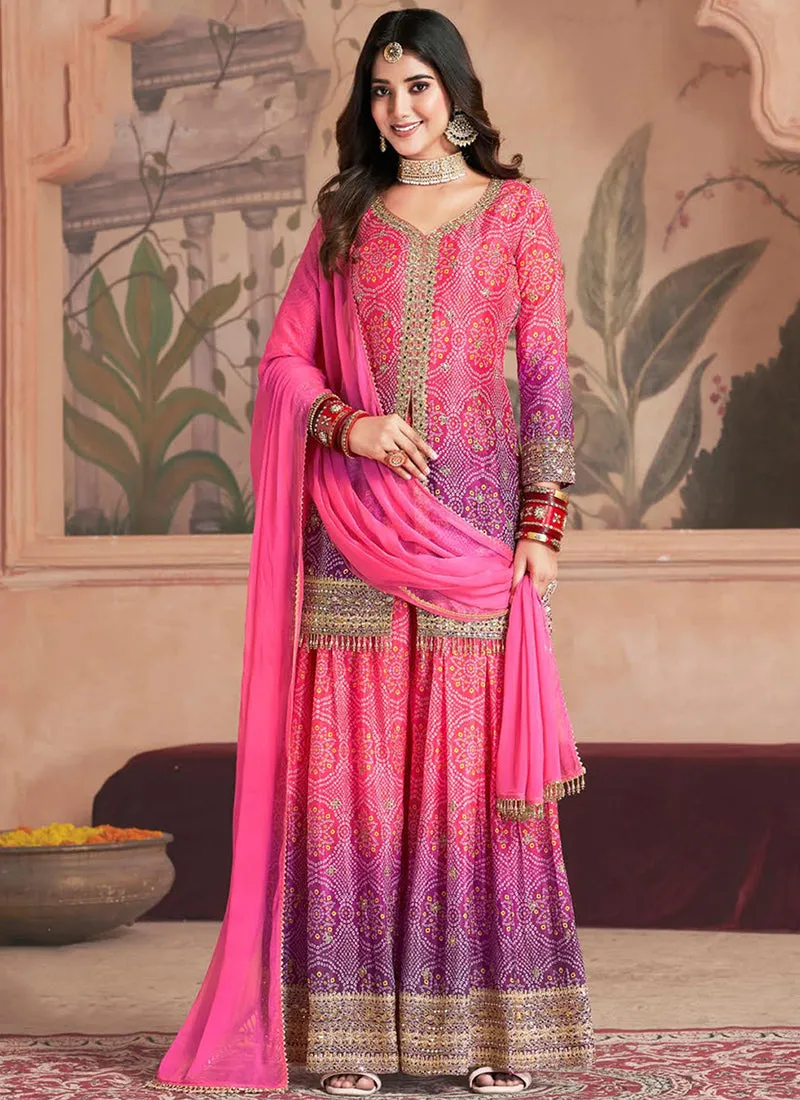 Pink Purple Ombré Embroidered Kurti And Palazzo