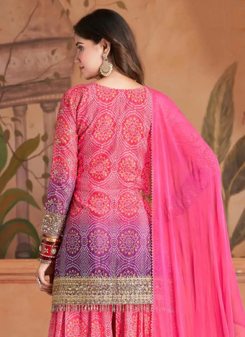 Pink Purple Ombré Embroidered Kurti And Palazzo