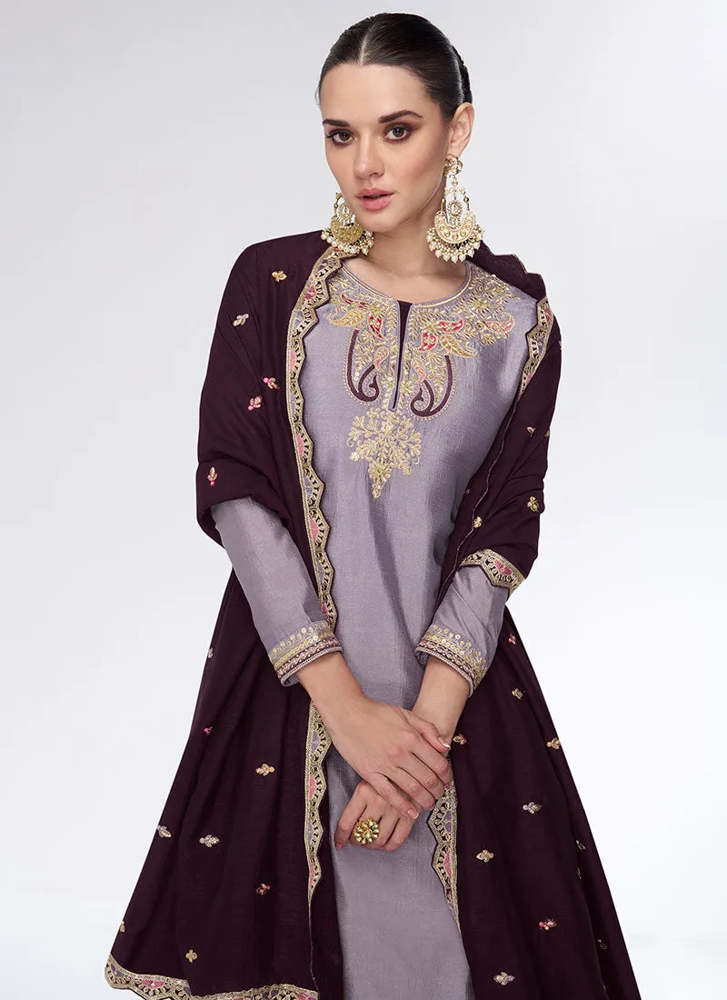 Purple Two Tone Multi Embroidery Lehenga Kurti And Dupatta