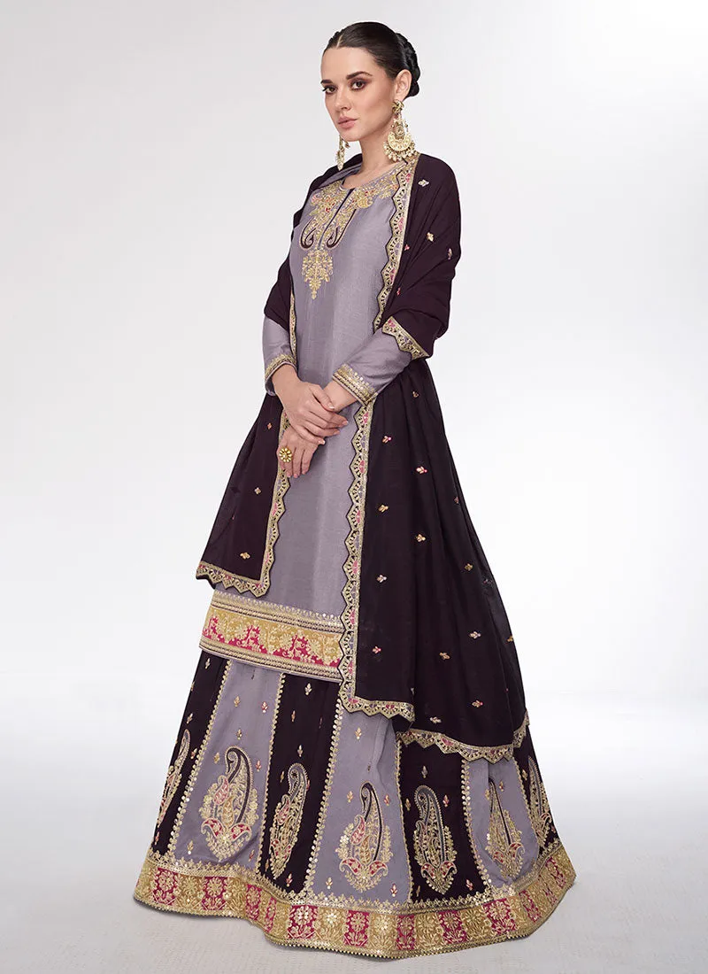 Purple Two Tone Multi Embroidery Lehenga Kurti And Dupatta